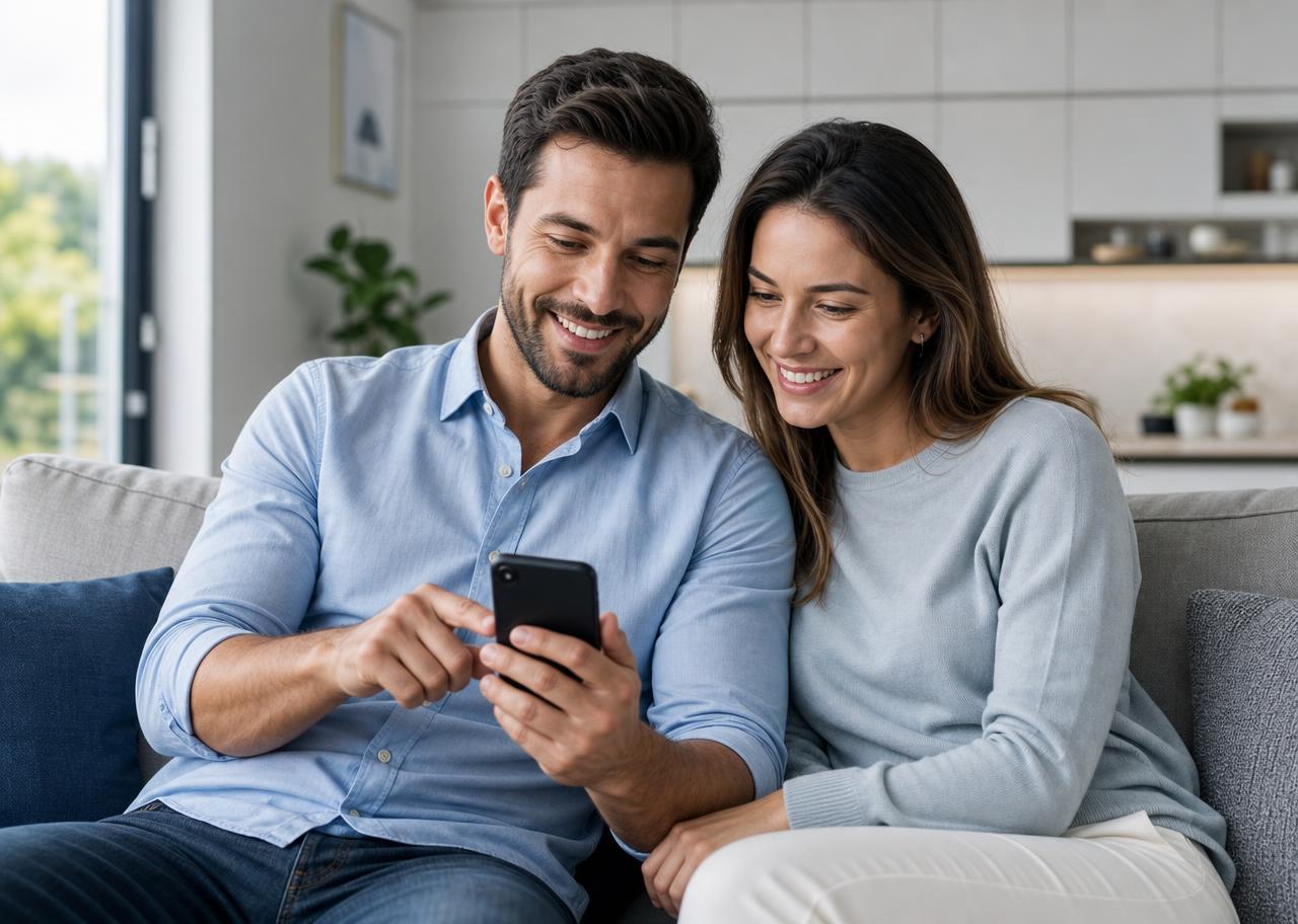 Casal consultando anúncios de veículos no celular.