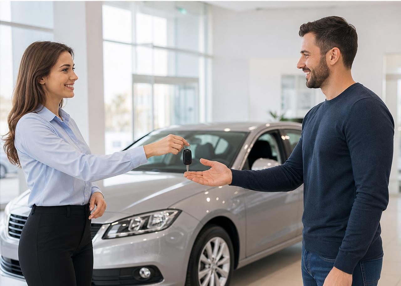 Vendedora entregando a chave do veículo a um cliente no showroom da loja.